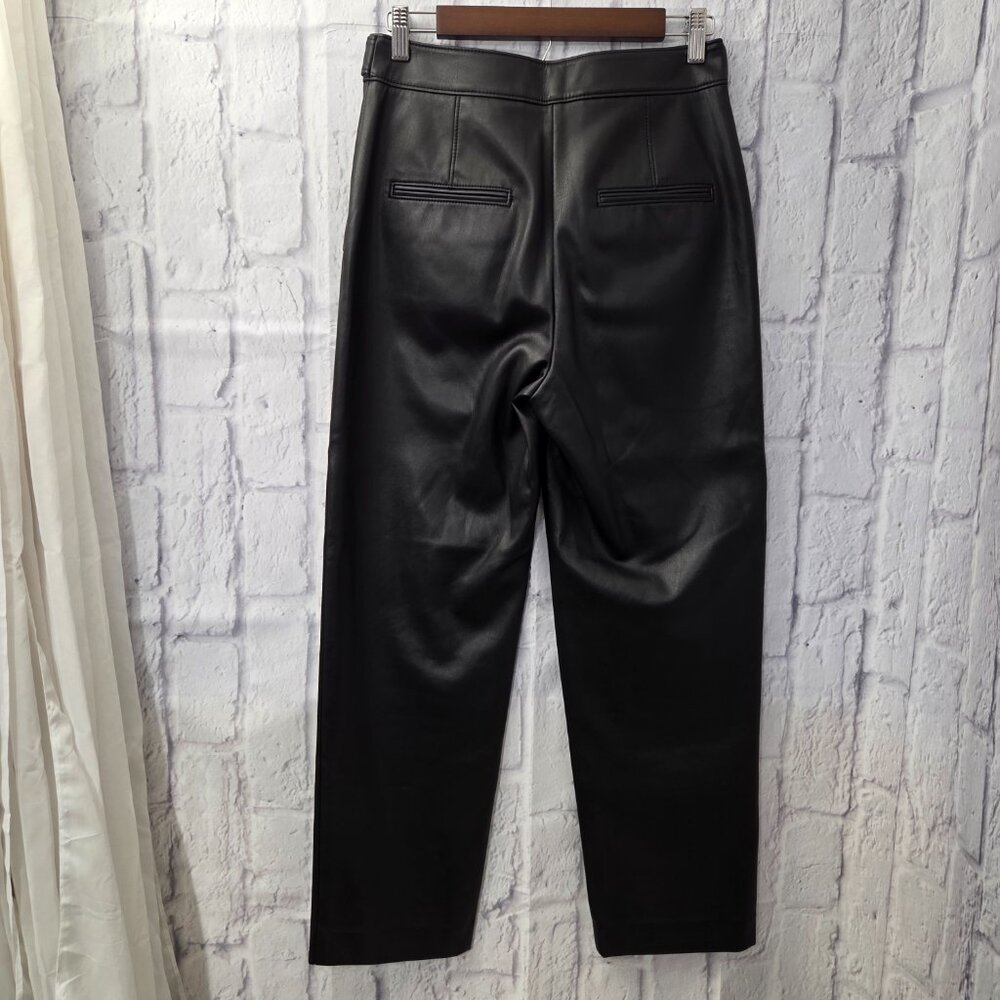 Ann Taylor Size 2 Black Faux Leather High Rise Straight Leg Pants Button Detail - Picture 5 of 10